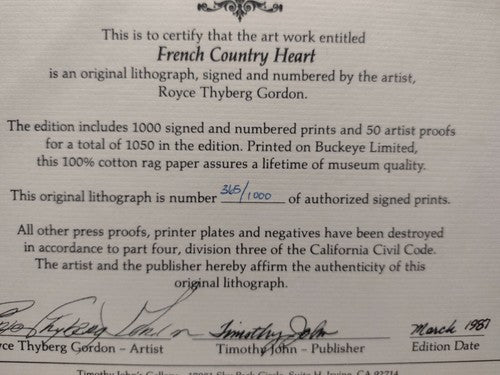 French Country Heart, by Royce Thyberg Gordon, lithograph limited edition COA