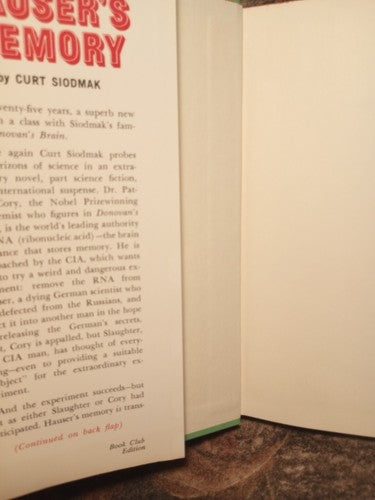 Curt Siodmak HAUSER'S MEMORY Book Club Edition 1968 Hardcover Fiction