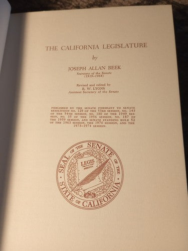 The California Legislature 1974 Edition Hardcover By Joseph Allan Beek