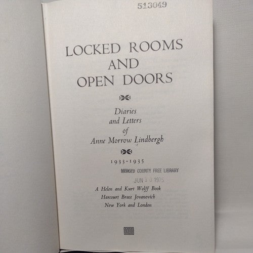 Locked Rooms and Open Doors by Anne Morrow Lindbergh -1st Ed. Hardcover -1974