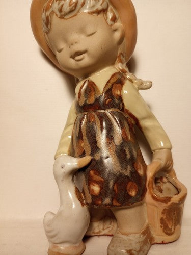 Vintage UCTCI Japan Girl With Duck Bisque Figurine Ceramic Pottery VG