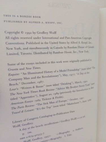 A Day at the Beach : Recollections by Geoffrey Wolff 1992, Hardcover 1st Edition