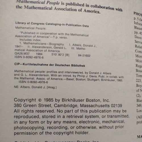 Mathematical People: Profiles and Interviews by Gerald L. Alexanderson -1986.