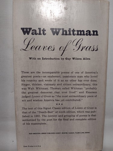 Leaves Of Grass By Walt Whitman -1954 -Trade PB -14th Print -Classic Poetry