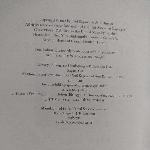 Shadows of Forgotten Ancestors: A Search for Who We Are Carl Sagan 1st Ed