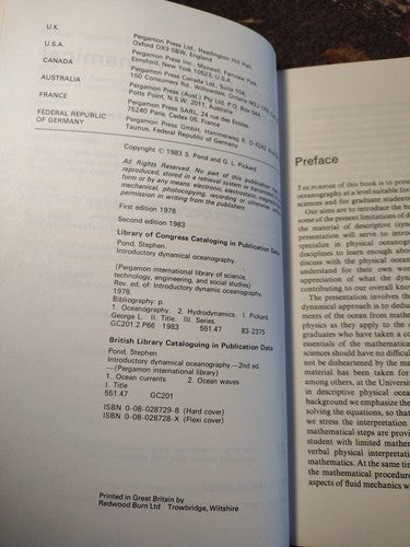 Introductory Dynamical Oceanography: 2nd Edition by Stephen Pond -Paperback 1983