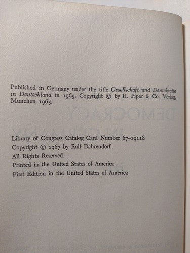 Society And Democracy In Germany By Ralf Dahrendorf -1967 -HCw/DJ