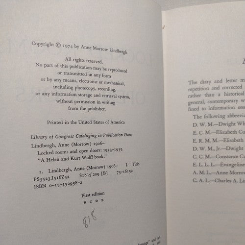Locked Rooms and Open Doors by Anne Morrow Lindbergh -1st Ed. Hardcover -1974
