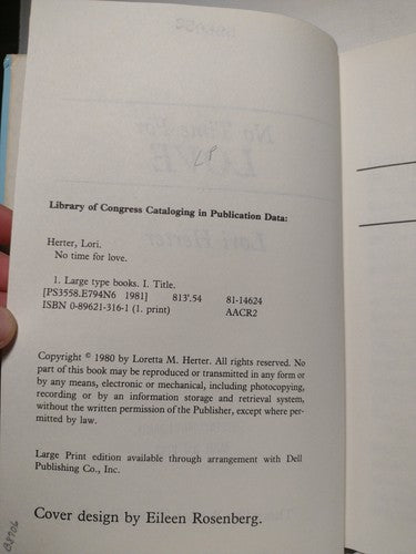 Thorndike Large Print: No Time For Love By Lori Herter -1981 -HCnoDJ -ExLibrary