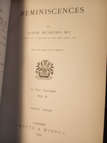 Justin McCarthy REMINISCENCES 2 Volume Set Chatti Windus 1899