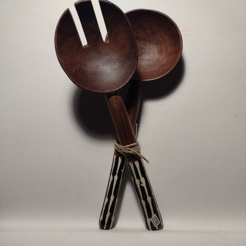 Vintage Bone and Olive wood Salad Spoon And Fork,  Kenya