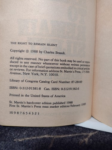 The Right to Remain Silent by Charles Brandt -1989 -Mass Market PB -Crime/Thrill