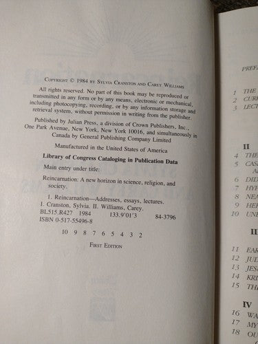 REINCARNATION: A New Horizon in Science by Sylvia Cranston -1984 -1st Ed -HCwDJ.