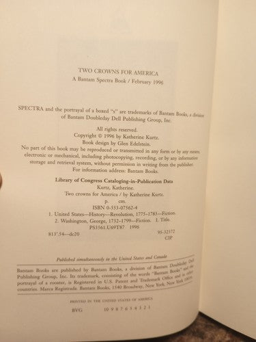 Katherine Kurtz TWO CROWNS FOR AMERICA  1st Edition 1st Printing HCwDJ
