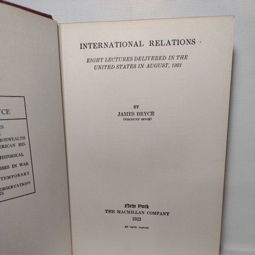 International Relations (1922) by James Bryce HC antique politics
