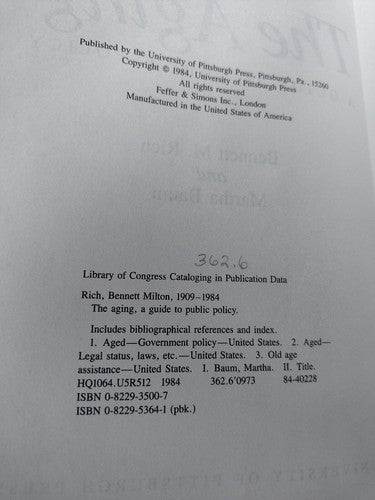 The Aging: A Guide To Public Policy By Bennett Rich -1984 -Hardcover