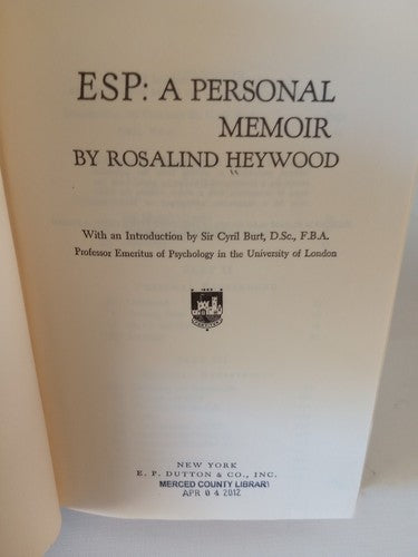 Rosalind Heywood ESP : A PERSONAL MEMOIR  Book Club Edition HCwDJ