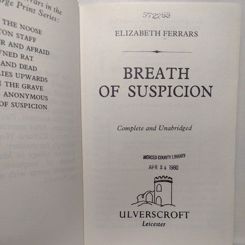 Ulverscroft Large Print Ser: Breath Of Suspicion By Elizabeth Ferrars -1979 -HC