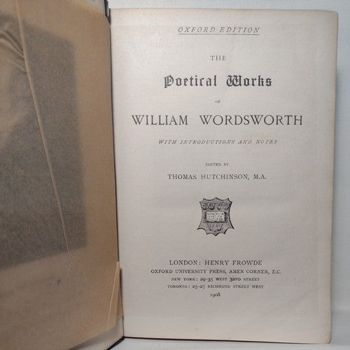 Wordsworth's Poetical Works Edited by Thomas Hutchinson 1908 - Oxford Edition HC