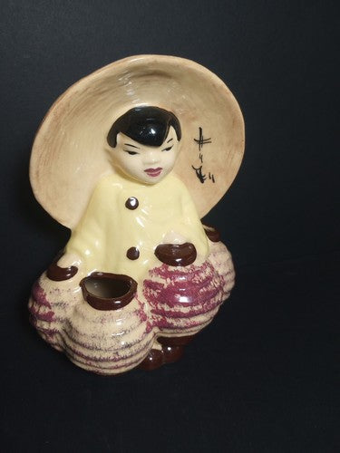 Antique '40s Stewart B McCulloch California Pottery Asian Figure Bamboo Planter
