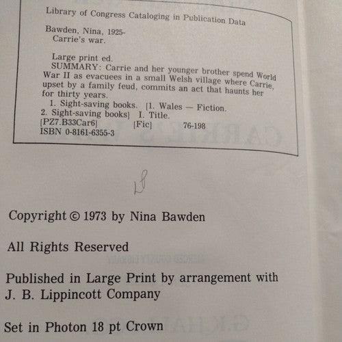 Carrie's War by Nina Bawden -1976 -Library Binding Hardcover -Large Printing