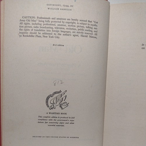 GET AWAY OLD MAN: A Play in Two Acts by William Saroyan -1944 -1st Ed Hardcover