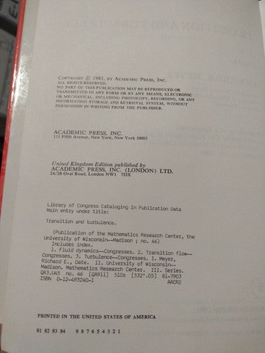 TRANSITION AND TURBULENCE: PROCEEDINGS OF A SYMPOSIUM By Richard Ernst Meyer.