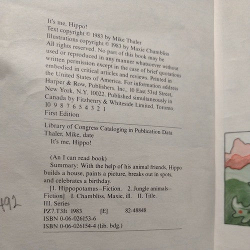 I Can Read Books: It's Me, Hippo! by Mike Thaler -1983 Hardcover