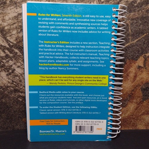 Rules for Writers: Instructor's Edition, 7th Edition by Diana Hacker Spiralbound
