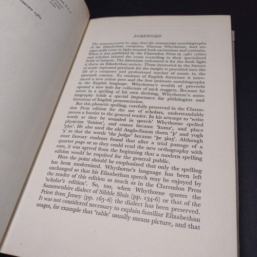 The Autobiography of Thomas Wythorne -Hardcover -1962 -Modern Spelling Edition