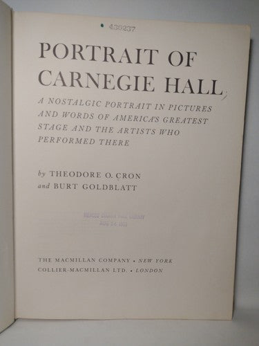 Portrait of Carnegie Hall by Theodore Cron -1963 -HCwDJ -ExLibrary -1st Print