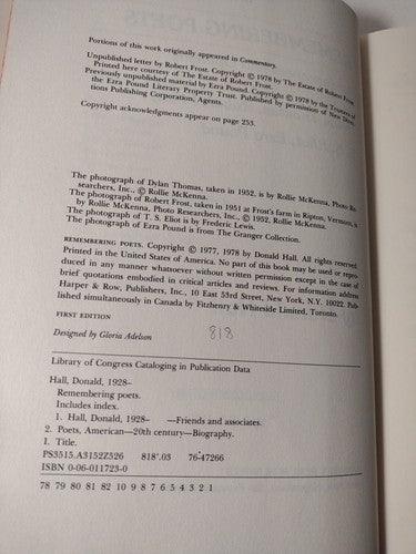 Remembering Poets: Reminiscences and Opinions by Donald Hall -1976 -1st ED. -HC