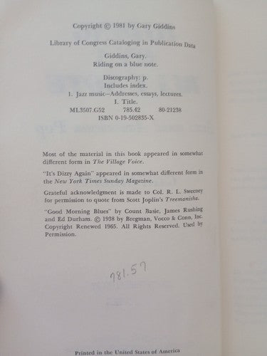 Riding on a Blue Note : Jazz and American Pop by Gary Giddins (1981, Hardcover)