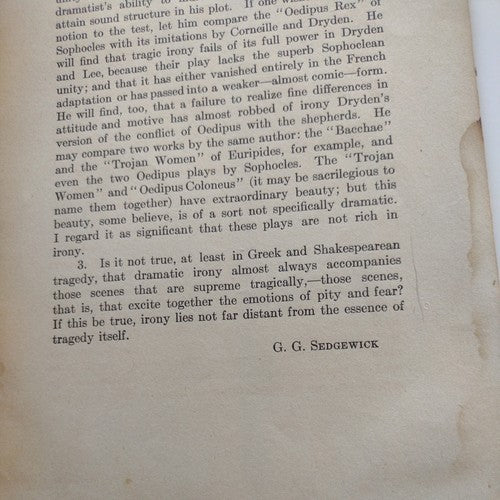 Dramatic Irony By G.G. Sedgewick -Rare Academic Folio -1925 -ExLibris H.R. Patch