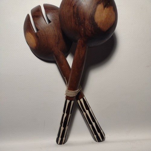 Vintage Bone and Olive wood Salad Spoon And Fork,  Kenya