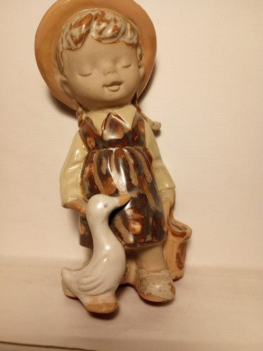 Vintage UCTCI Japan Girl With Duck Bisque Figurine Ceramic Pottery VG
