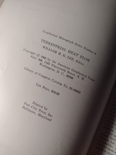 Terrestrial Heat Flow by William Lee -Hardcover -1965 -Vintage Earth Science
