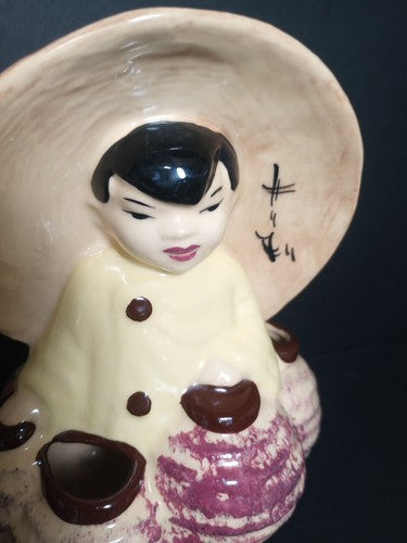 Antique '40s Stewart B McCulloch California Pottery Asian Figure Bamboo Planter