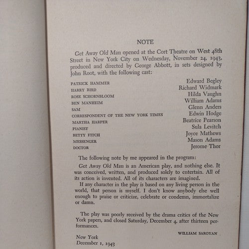 GET AWAY OLD MAN: A Play in Two Acts by William Saroyan -1944 -1st Ed Hardcover