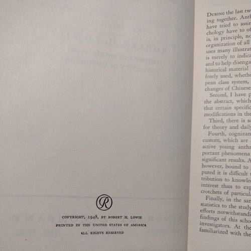 Social Organization by Robert H. Lowie - 1948 Hardcover no dj - Rinehart & Co.