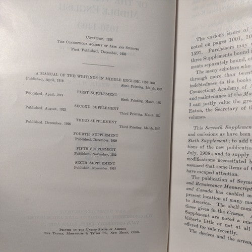 A Manual Of Middle English, 1050-1400 By John Wells -7th Supplement -1938 -HC