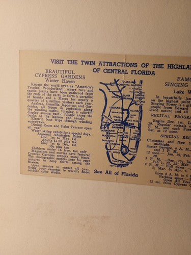 Cyprus Garden Florida Tourist Card Vintage 5.5 X 3.5