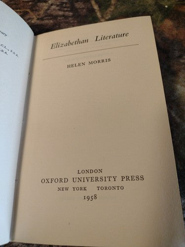Elizabethan Literature By Helen Morris -1958 -HCwDJ -Classic Literature vintage