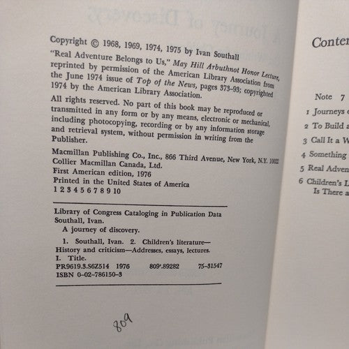 A Journey of Discovery: On Writing for Children by Ivan Southall -1976 -HC w/DJ