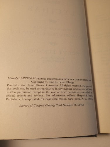 Milton's Lycidas By Scott Elledge 1966 Cornell University HC