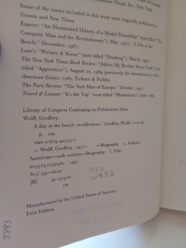 A Day at the Beach : Recollections by Geoffrey Wolff 1992, Hardcover 1st Edition