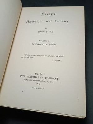 John Fiske ESSAYS HISTORICAL AND LITERARY 2 VOLUME SET 1902 Exlibris