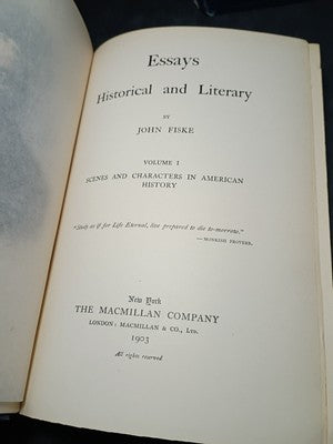 John Fiske ESSAYS HISTORICAL AND LITERARY 2 VOLUME SET 1902 Exlibris