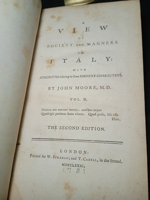 1781 View of Society & Manners in Italy John Moore 2nd Edition Vol 2 Exlibris