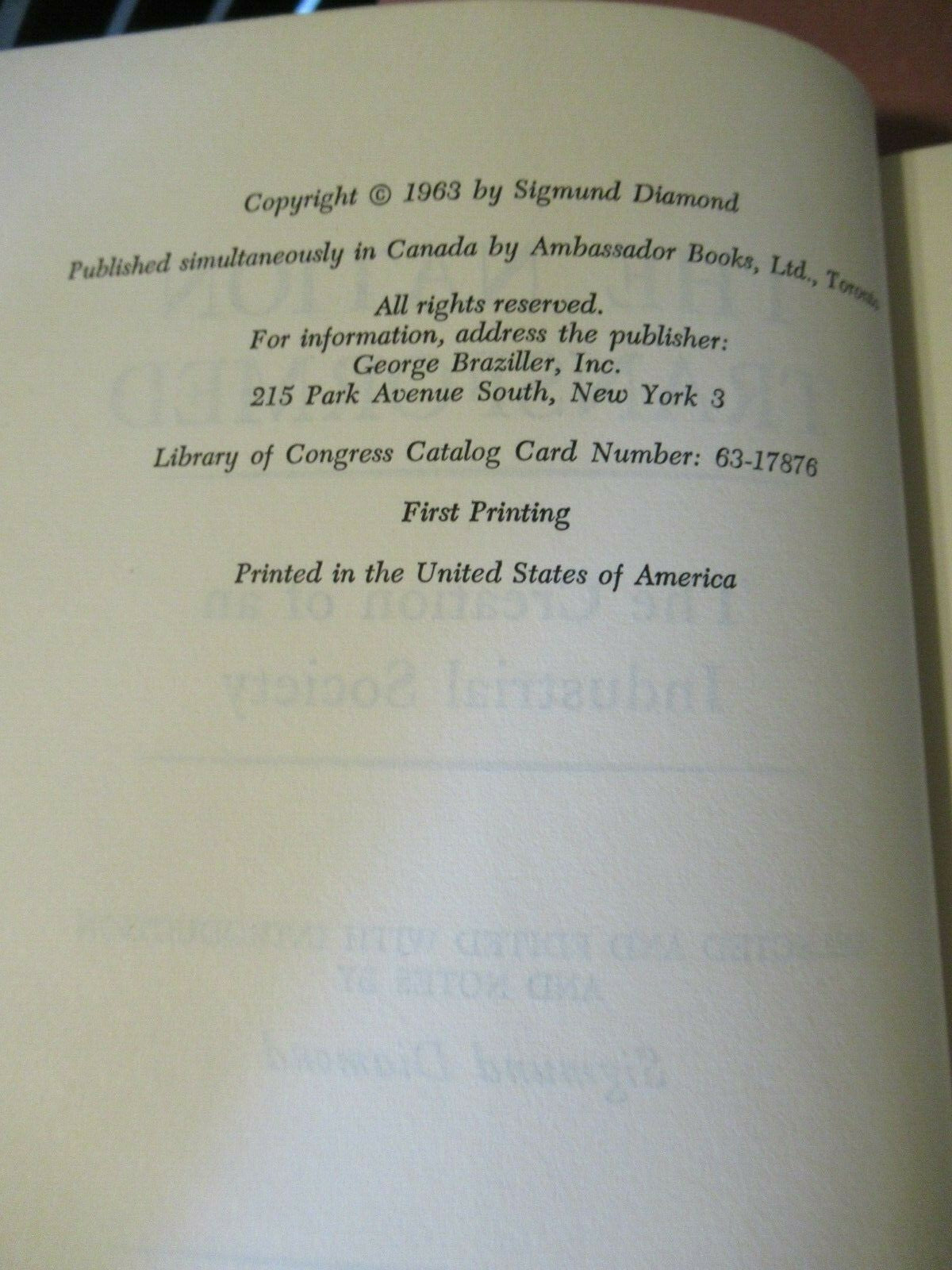 The Nation Transformed, Sigmund Diamond (1963) 1st Edition 1st Printing